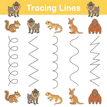 Tracing lines worksheet with wild animals, mandrill, chipmunk, gecko, kangaroo, orangutan tracing