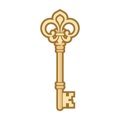 Golden ornate antique key with fleur de lis design isolated on white background © VectorVerseArt