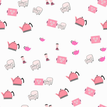 Pink Teapots Armchairs Trays and Blenders Pattern