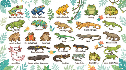 Obraz premium Amphibians and Reptiles Vector Icon Set Featuring Exotic Frogs Toads Lizards Chameleons Geckos and Newts with Tropical Leaves for Wildlife Educational Designs