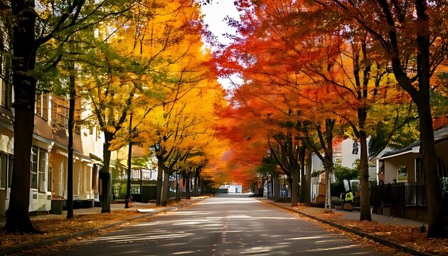 Beautiful residential street lined with vibrant autumn trees in fall foliage.