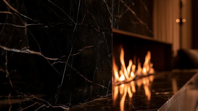 Modern luxury fireplace with black marble finish and glowing flames.