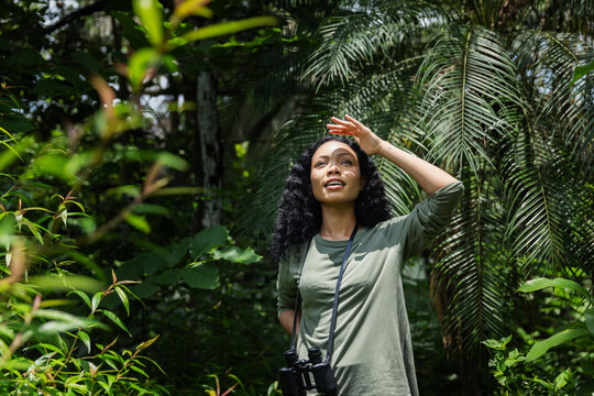 Woman Shading Her Eyes and Looking Up While Exploring a Tropical Garden