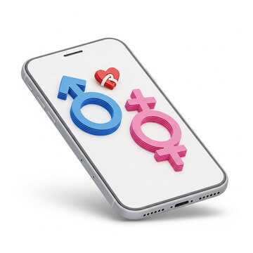 Smartphone with 3d male and female gender symbols and heart isolated on white background