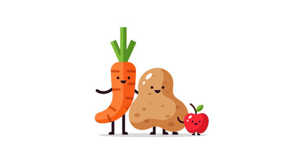 Fototapeta premium Cute Cartoon Carrot, Potato, and Apple Characters, Kawaii Healthy Food Illustration for Kids Nutrition and Organic Eating, Isolated on White