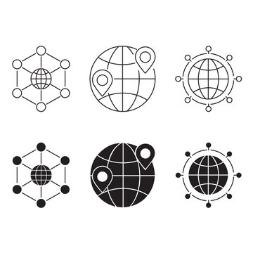 Global location pin and world network connection icon set for GPS map.