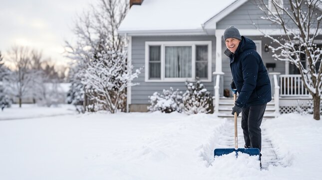 man shoveling snow off walkway in front of suburban house winter maintenance