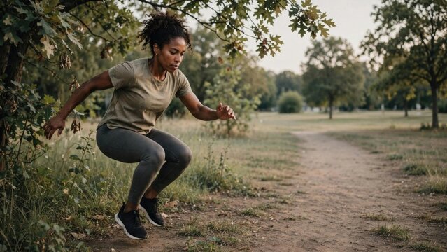 Black Woman Jogging on Path in Scenic Park Landscape