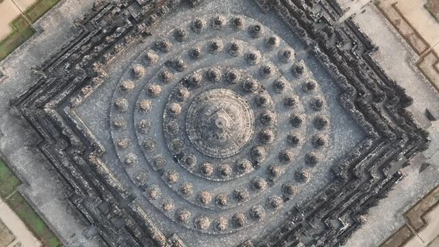 Aerial view of Borobudur Temple in Yogyakarta, Java, Indonesia at sunrise.