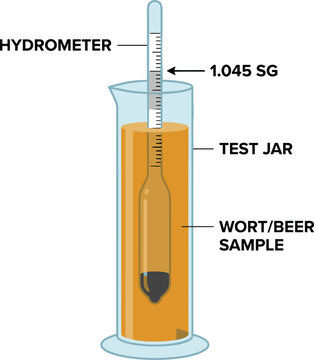 Flat design vector illustration of a hydrometer in a test jar filled with amber liquid, measuring specific gravity