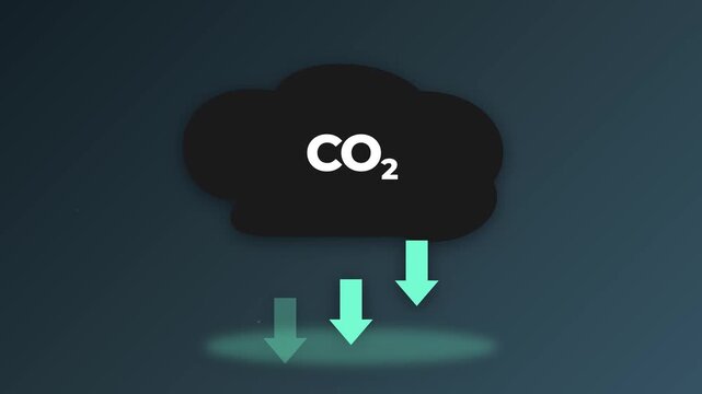 Carbon dioxide CO2 emission reduction and sequestration concept animation featuring a dark cloud with downward arrows on a dark background for environmental and climate change themes.