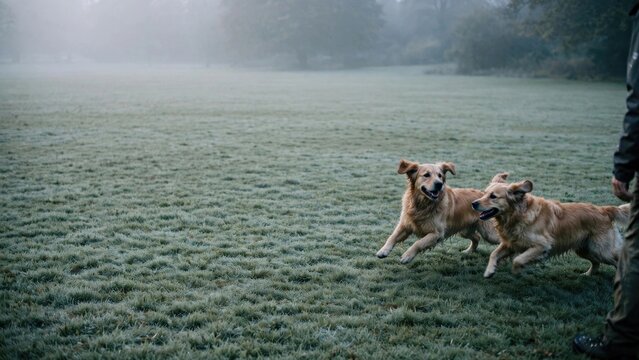Dogs Running Together in Misty Green Meadow