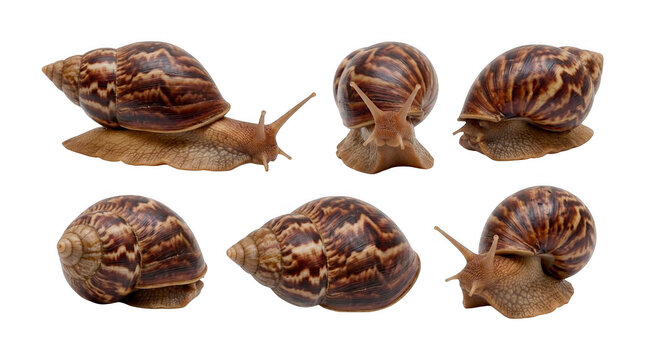 Collage of several giant african land snails isolated on white background with snail shells garden snails mollusks