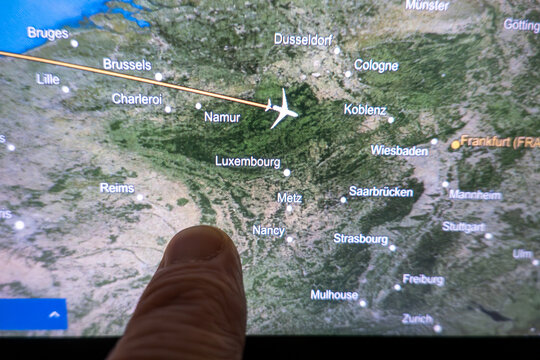 Frankfurt, Germany A seatback screen in a commercial airliner shows flight progress over Europe.
