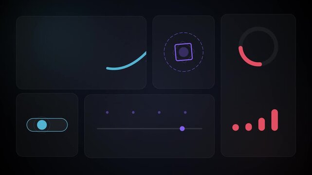 Futuristic digital HUD interface with animated data visualization charts, glassmorphism UI elements, and glowing graphic sliders on dark background for tech software design.