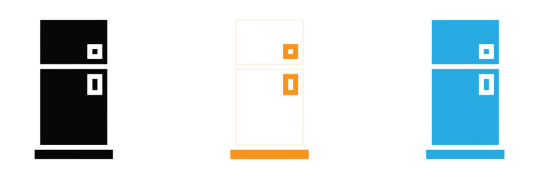 Minimalist refrigerator icons in black white and blue with simple geometric shapes