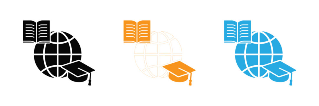 Global education concept with books globe and graduation cap in three color variations