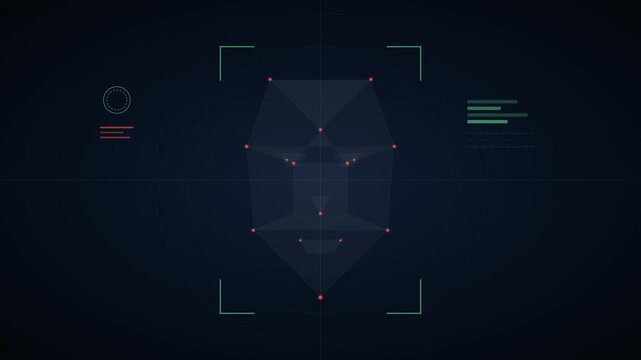 HUD facial recognition biometric scanning interface with digital wireframe and data points for identity verification and cyber security technology.