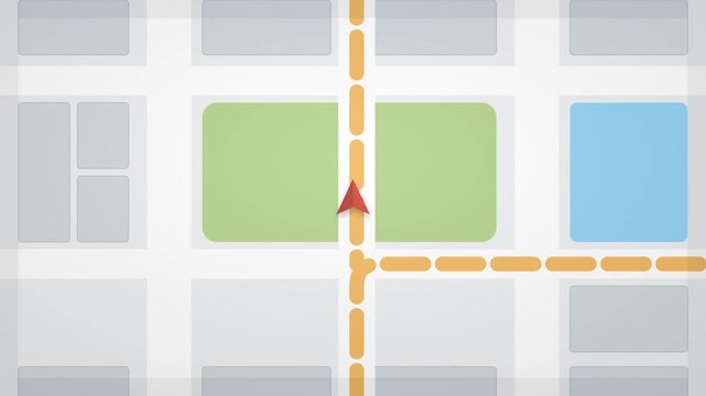 Generic 2D animation of a digital map interface featuring a red navigation arrow following an orange dashed route through stylized city blocks and green areas for logistics and travel concepts.