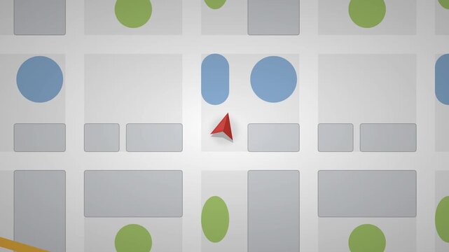 GPS navigation animation with red arrow tracking a route on a simplified city map, representing digital location services and logistics.