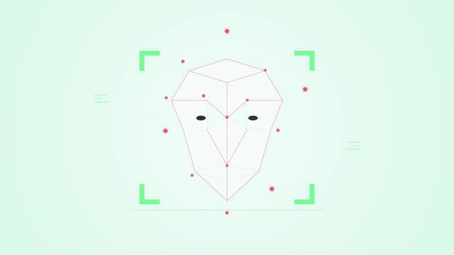 Futuristic biometric facial recognition system scanning digital wireframe human face with green HUD interface and red tracking points for identity verification and artificial intelligence security.