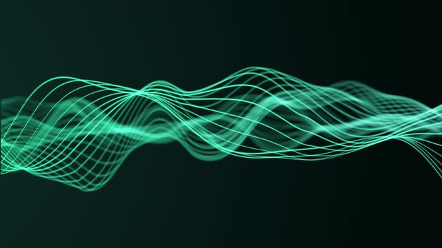 Abstract teal and turquoise ocean inspired wave curves flowing smoothly across a dark background with glowing gradient lines and transparent mesh particles, Ultra HD 4K seamless loop.