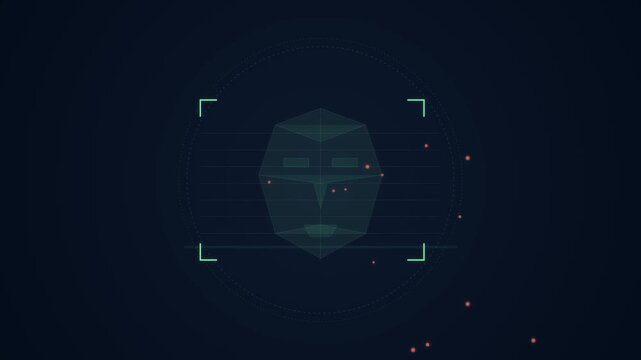 Futuristic facial recognition scanning interface with digital humanoid head and HUD elements, illustrating biometric security, AI data analysis, and high-tech identification systems.