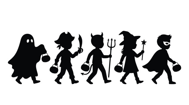 Halloween children silhouette set, kids in costumes walking, black vector on white background