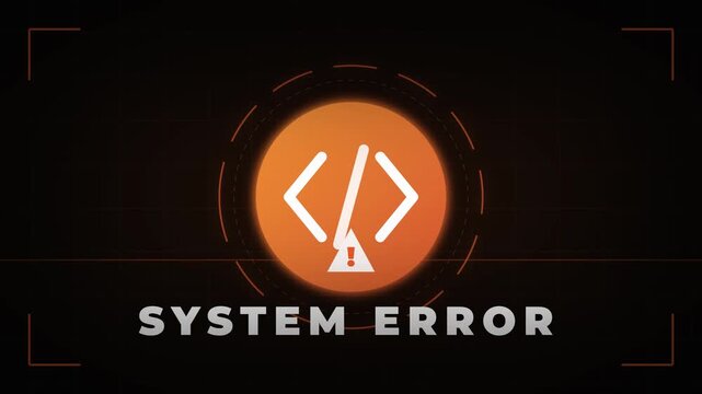 Digital HUD interface displaying a system error message with a glowing orange code icon and warning symbol on a dark background, representing a software glitch or technical failure.