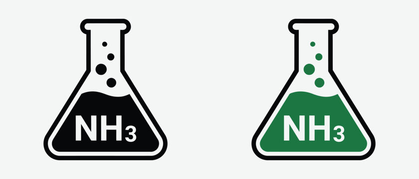 Ammonia chemical formula in erlenmeyer flasks illustration with dark and green liquids