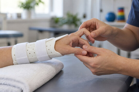 "Physical therapist guiding patient's fingers during hand rehabilitation with wrist splint"
