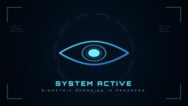 High-tech biometric eye scanning HUD interface displaying system active status for cyber security and identity verification.
