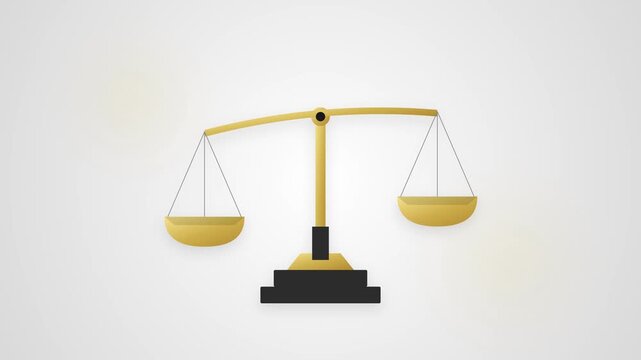 2D animation of golden scales of justice balancing on a plain background, representing law, legal fairness, court system, and ethical judgment.