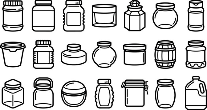Glass storage jars and kitchen container line icons set with linear vector packaging bottle product design elements