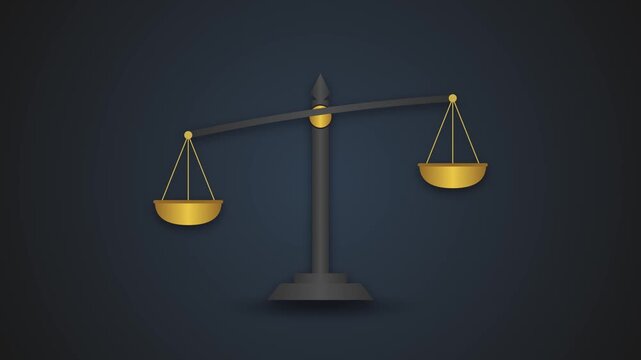 Motion graphic of golden scales of justice tilting against a dark background, symbolizing legal judgment, fairness, balance, and courtroom ethics in a minimalist animation style.
