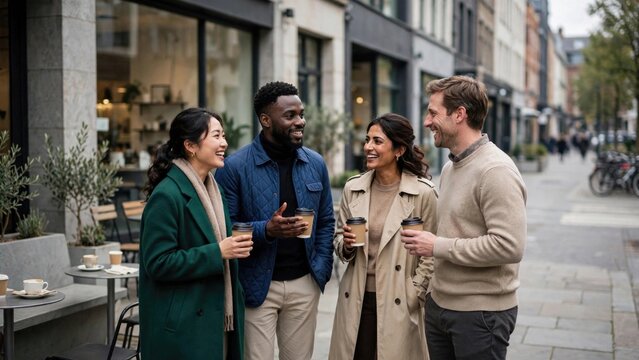 Friends Chatting Over Coffee in an Urban City Street