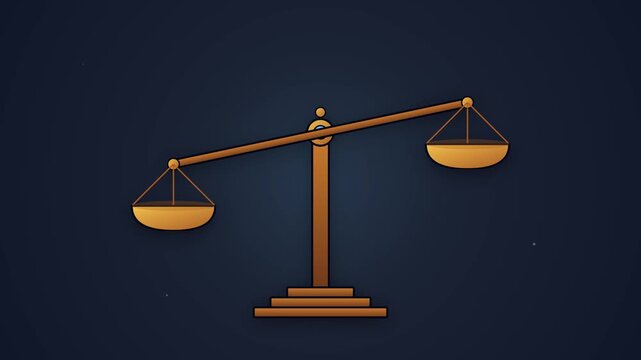 Animated golden scales of justice tilting on a dark blue background, symbolizing the legal system, fairness, judicial judgment, and social equality concepts in a clean motion graphics style.