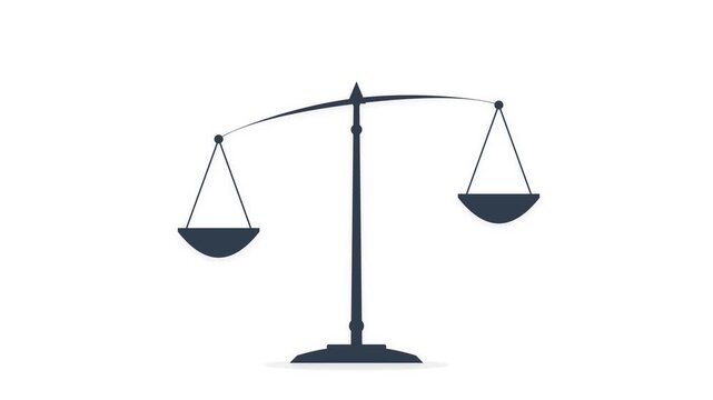 Animated silhouette of balance scales tipping on white background, symbolizing law, justice, ethics, and legal judgment.