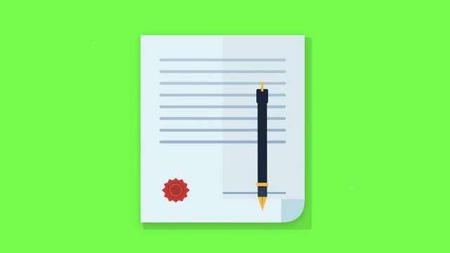 Flat animation of a legal document with red wax seal and pen on green screen. Represents official agreement, contract, or certificate for business and law concepts.