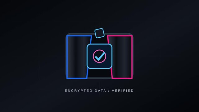 Futuristic matte-black data lock clamps around an encrypted core while a precision laser verifies the system with blue and fuchsia rim light.