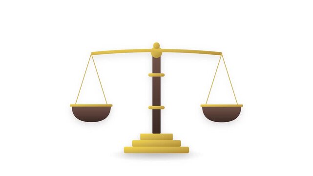 Gold scales of justice motion graphic tilting on white background. Symbolizes law, legal system, fairness, and judicial judgment.