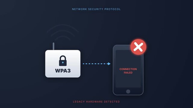 Cyber security animation demonstrating connection failure between WPA3 network protocol and legacy hardware device, highlighting wireless incompatibility and security mismatch in tech systems.