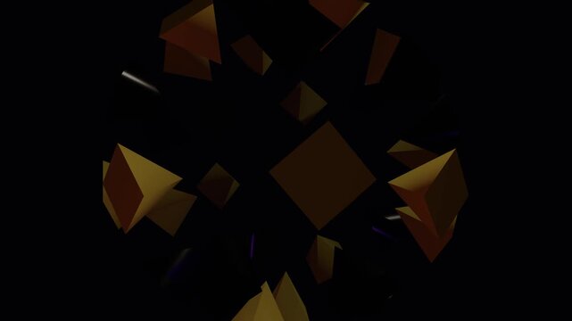 Abstract 3D golden pyramids and cubes rotating in spherical formation on black background. Minimalist geometric motion graphics for tech presentations.