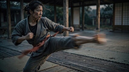 Fototapeta premium Martial Arts Master Performing Powerful Kick in Traditional Courtyard