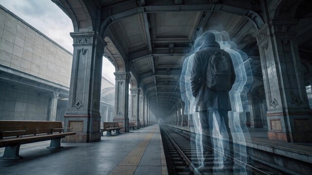 Mysterious Figure Walking Through Grand Train Station Arches