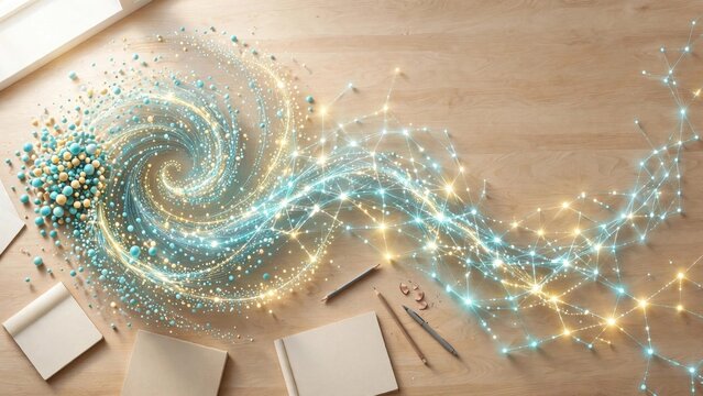 Swirling Data Flow and Coins on Wooden Business Surface