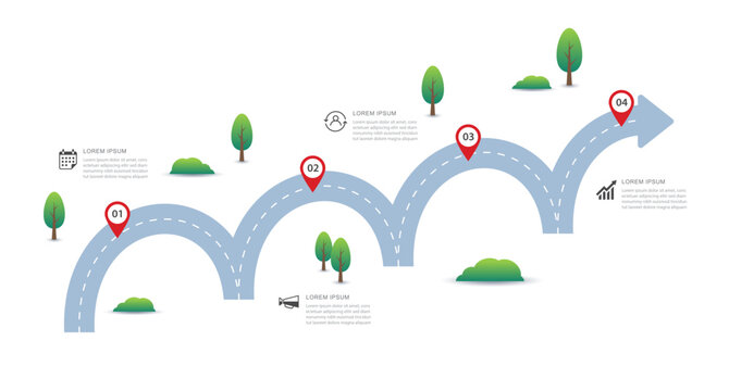 Business roadmap infographic template with 4 steps road concept presentation.