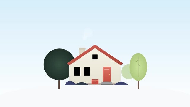 Flat 2D vector illustration of a suburban residential house with green trees and a for sale sign out front on a clear day, suitable for real estate marketing and housing concepts.