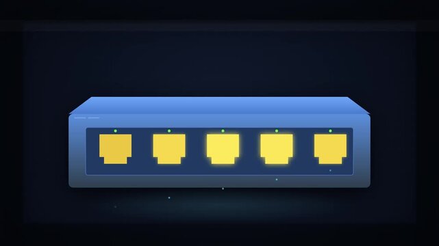 Motion graphic illustration of a stylized network switch with glowing yellow ethernet ports, symbolizing high-speed data transfer, connectivity, and centralized server infrastructure for IT systems.