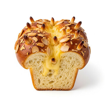 Delicious brioche bread cut in half with creamy custard filling, topped with sliced almonds and toasted pine nuts, isolated on white background